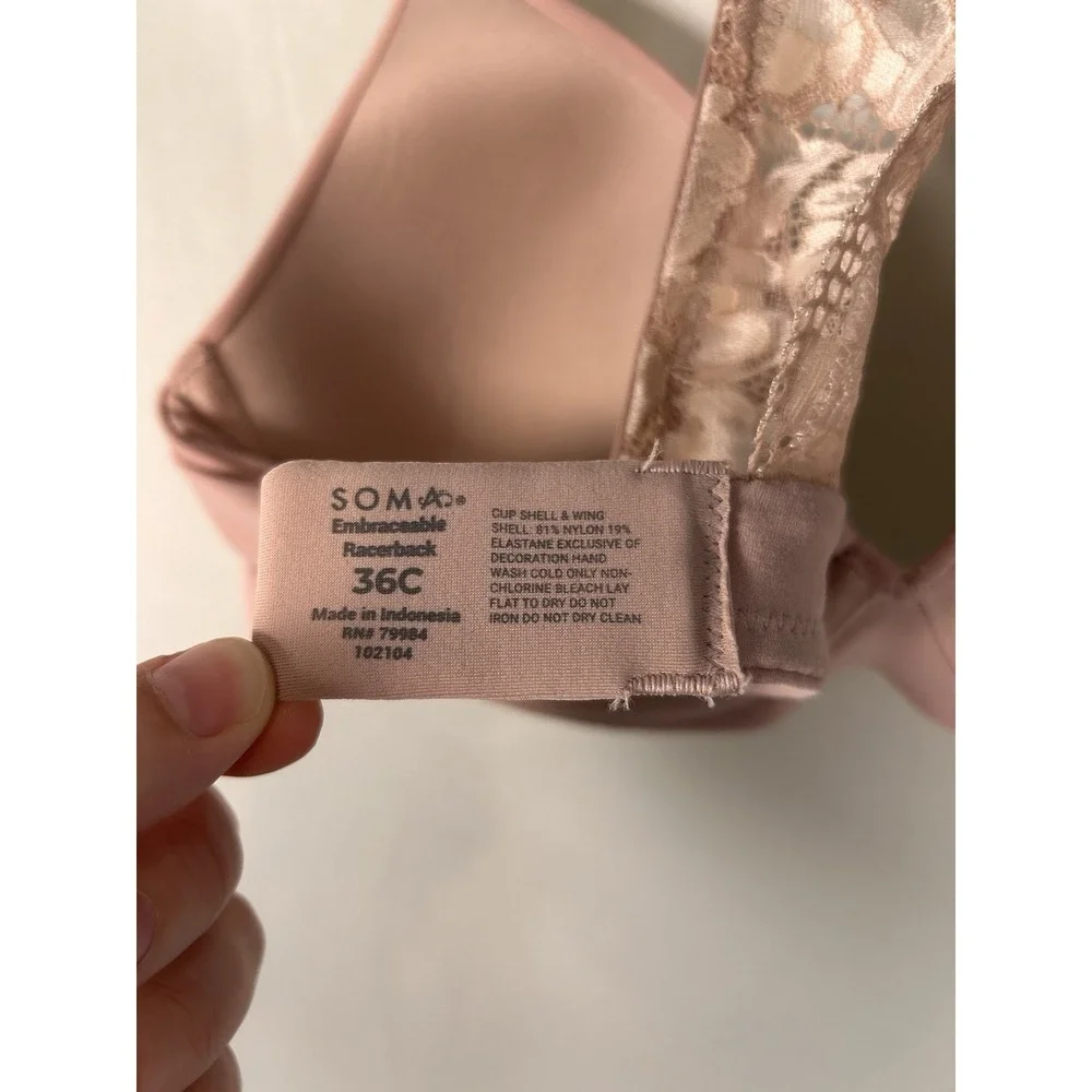 Soma Bra 36C Embraceable Racerback Lined Underwire Adjustable Straps Lace Nude